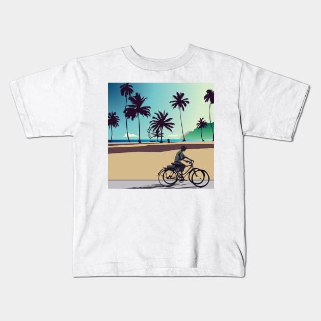 Bike rider on the beach Kids T-Shirt by nicholashugginsdesign